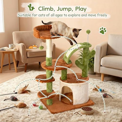 Cactus Cat Tree for Indoor Cats, 36" Multi-Level Cat Tower with Sisal Scratching Posts, Stable Cat Condo with Perches and Steps, Brown