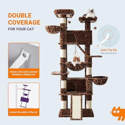 Allewie 81 Inches Tall Cat Tree/Multi-Level Large Climbing Tree House and Towers for Big Feline/Condo and Hammock/Scratching Post/Wide Base/Leopard Print