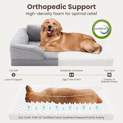 Orthopedic Dog Beds for Medium Size Dogs, Waterproof Egg-Crate Foam Pet Couch Bed with Soft Sides, Non-Slip Dog Sofa with Fleece Removable Washable Cover, 35"L Supportive Pet Sofa, Light Grey