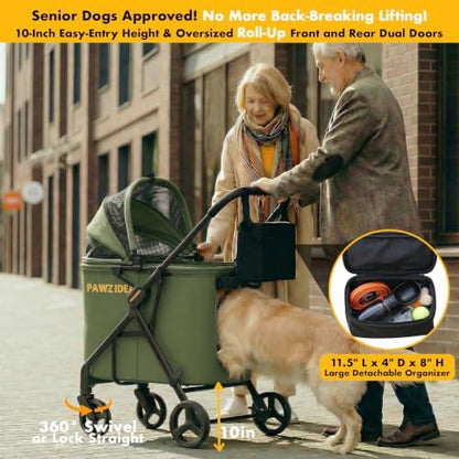 PAWZIDEA Dog Stroller for Large Dogs, No-Zip 180° Canopy, One-Hand Foldable