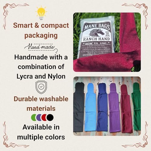 Horse Mane Bags for Horses, Set of 6 Handmade Lycra Mane Bags, Helps Reduce Tangles, Breakage & Rubbing, Washable Braided Mane Covers for Longer, Healthier Manes, Ranch Hand (Leopard)