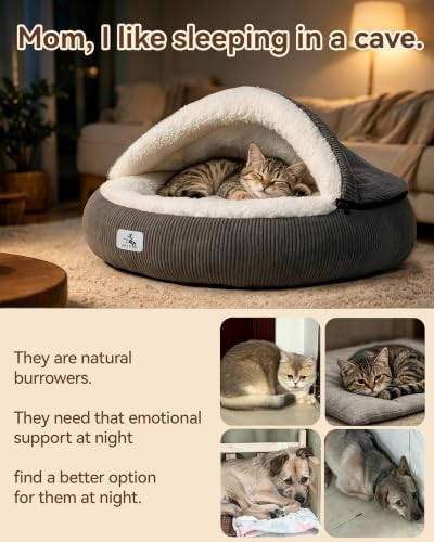 Calming Cozy Dog Cave Cover Bed, Burrow Small Doggy Anti Anxiety
