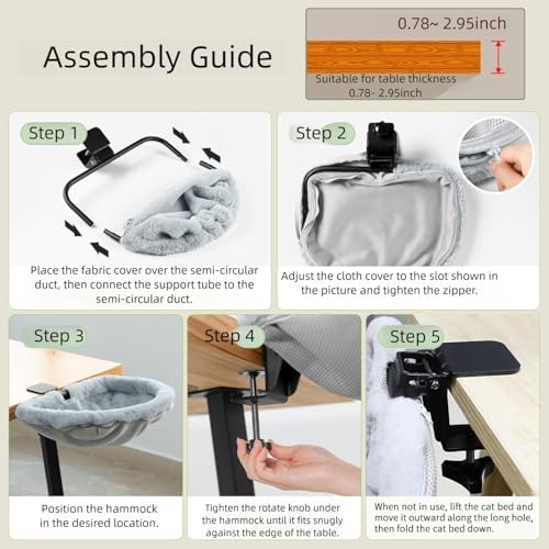 Adjustable Cat Desk Bed, 40cm Round Elevated Cat Hammock with Sturdy Metal Frame, Removable Plush Cushion, Cats Desks Hammock Cats Desk Perch for Home Office Desk