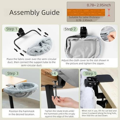 Adjustable Cat Desk Bed, 40cm Round Elevated Cat Hammock with Sturdy Metal Frame, Removable Plush Cushion, Cats Desks Hammock Cats Desk Perch for Home Office Desk