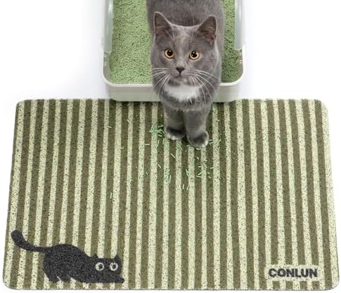 Conlun Cat Litter Mat Litter Trapping Mat, Premium Durable PVC Cute Cat Litter Box Mat, Non-Slip, Less Waste Kitty Litter Mat, Soft on Kitty’s Paws, 24”x 17” cat matts for litter, Green Stripe