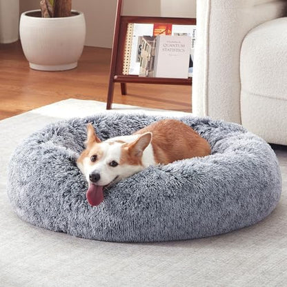 Donut Dog Bed Medium Size Dog 36 Inch, Round Cat Beds for Small Medium Dogs and Cats with Washable Fluffy Faux Fur, Cute Comfort Pet Bed with Anti-Slip Bottom, Grey