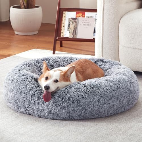 Donut Dog Bed Medium Size Dog 36 Inch, Round Cat Beds for Small Medium Dogs and Cats with Washable Fluffy Faux Fur, Cute Comfort Pet Bed with Anti-Slip Bottom, Grey