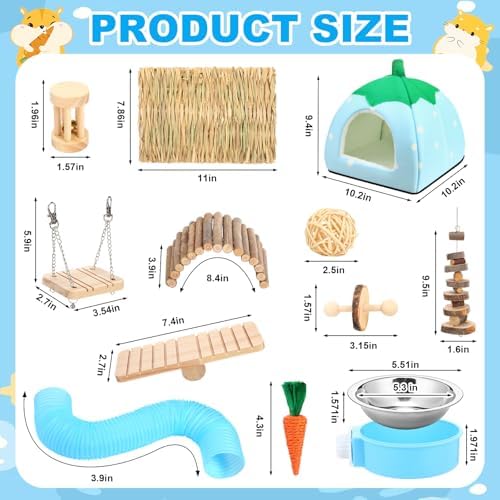Youyole 13 Pcs Guinea Pig Starter Kit Hamster Toys Bed Guinea Pig Cage Accessories with Tunnel Grass Mats Pet Food Bowl for Christmas Chinchillas Hedgehogs Ferrets Rabbit Hideout Essentials(Blue)