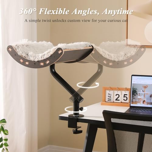 PEQULTI Desk Cat Bed, 360° Rotating Clamp-On Cat Hammock, Wood, Black