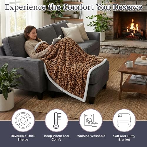Lavish Home Sherpa Fleece Throw Blanket, Leopard Print, 50” x 60”