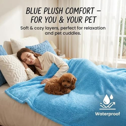 Waterproof Pet Blanket for Dogs Jacquard Fleece Blankets for Bed Cover Reversible Blue Fluffy Puppy Blankets Leakproof Sofa Couch Washable Cover Cat Doggie Blanket for Warm-Lake Blue,L