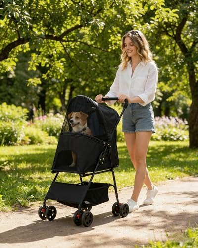 Pet Stroller for Small Dogs Cats, Lightweight Foldable Dog Stroller-Black