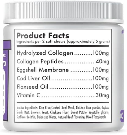 Collagen Dog Chews for Joint & Skin Health 30 Soft Chews All Breeds Mobility, Cartilage Repair & Pain Relief Hip & Joint Skin Coat Anti-inflammatory Support Eggshell Membrane Senior & Adult Dogs