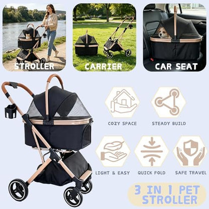 Chihuahua 3-in-1 Foldable Pet Stroller 4-Wheel for Small Dogs,Black