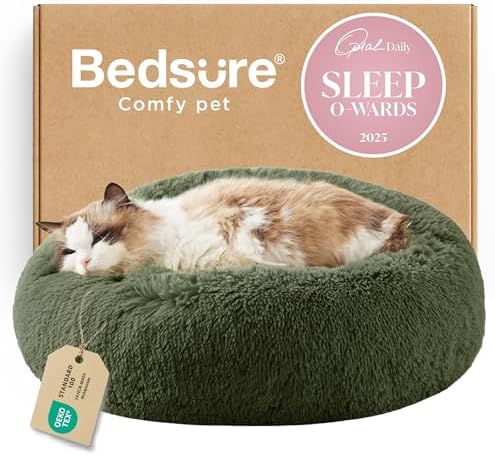 Bedsure Calming Cat Beds Donut Round Washable Kitten Bed,20 inches Green