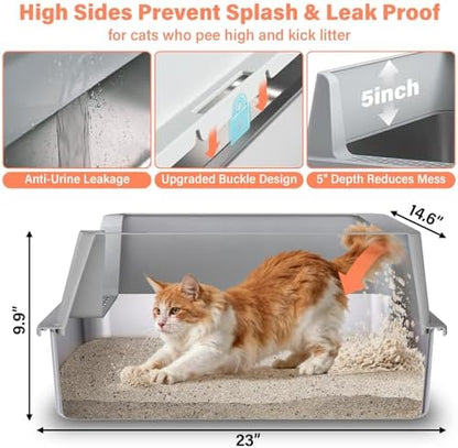 Stainless Steel Cat Litter Box with Lid, XL Metal Litter Box, Extra Large Litterbox for Big Cats, High Sided | Easy Cleaning | Odor-Free Includes Scoop and Mat