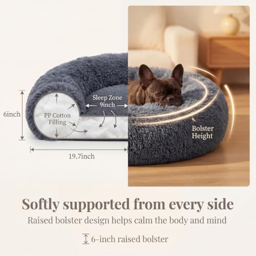 Small Calming Dogs Bed for Small Dogs Anti-Anxiety Machine Washable Fluffy Luxury Anti-Slip Waterproof Mute Base Warming Cozy Soft Pet Puppy Round Bed