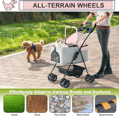 Pet Stroller with Detachable Carrier for Small Dogs&Cats, Pink Gray