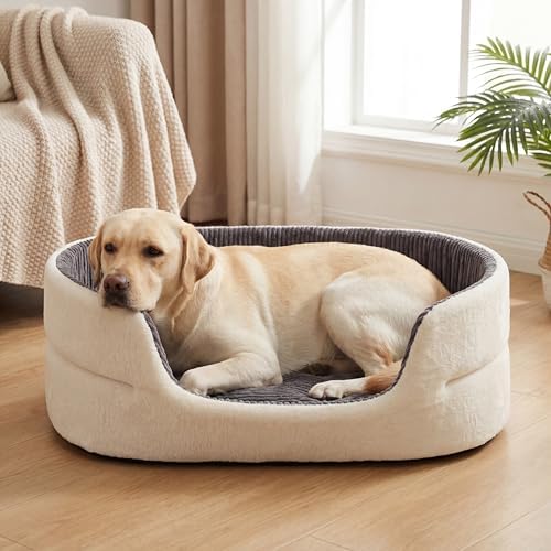 Large Dog Bed Cat Bed 20x30 Inch,Calming Pet Bed for Dogs & Cats,Machine Washable Dog Bed,Half-Enclosed Open-Top Velvet Anti-Anxiety Bed,Cozy Snuggle Bed (White)