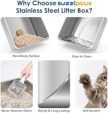 Suzzipaws XL 8" Deep Enclosed Stainless Steel Cat Litter Box for Big Cats