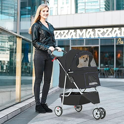 BestPet | 3-Wheel Foldable Pet Stroller | Black | Lightweight & Portable