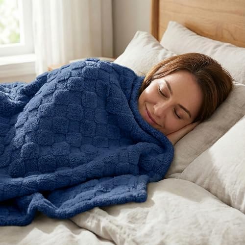 Americanflat 50x60 Jacquard Fleece Throw Blanket - Soft and Breathable Throw Blanket for Couch, Bed, Chair - Fleece Blankets Perfect for Home, Bedroom, or Outdoor Use - Checkered Design in Dark Blue