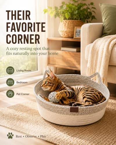 Cat Bed Handwoven Rope Basket Instinct for Indoor Cotton Natural Woven Hanging Scratcher Cushion Sleep Scratch Play Scratching Round Toy BEF Holder