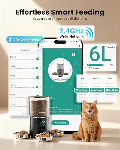 Automatic Cat Feeder for 3 Cats with WiFi Control, Anti-Jam System, 6L