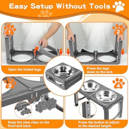 COMESOON Elevated Dog Bowls, 5 Adjustable Heights (3.9"-13.4") Raised Dogs Food Bowl Stand for Medium Large Sized Dogs, Non-Slip Foldable Travel Pet Feeder Grey with Stainless Steel Bowls