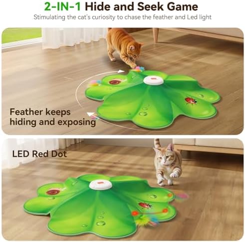 FEELNEEDY Rechargeable Cat Toys, 2 in 1 Hide and Seek Game Interactive Cat Toy, Movable LED Red Dot, Moving Concealed Feathers, Durable Exercise Toys for Indoor Cats, Bored Adult Cats Wand Toy