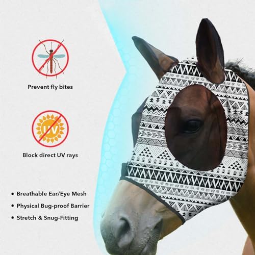 Harrison Howard Super Comfort Stretchy Fly Mask Large Eye Space with UV Protection Soft on Skin with Breathability Doodle Aztec M Cob