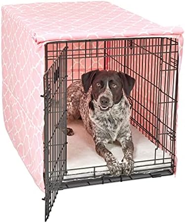 MidWest Homes for Pets Intermediate Dog Crate Cover Featuring Teflon Fabric Protector, Poly-Cotton Privacy Kennel Cover Fits Most 36-Inch Crates, Pink Designer Print, Machine Washable, Reduces Barking