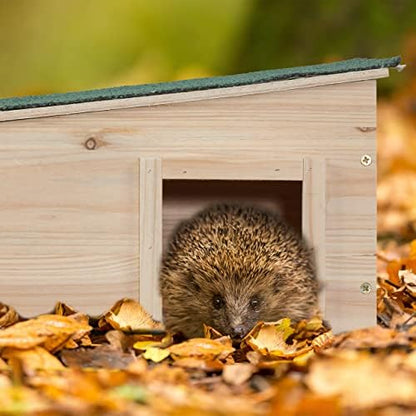 Relaxdays Hedgehog House, Wooden, Pet Hotel With Base, 2 Chambers, Winter Shelter, HxWxD: 21.5x40x40 cm, Brown