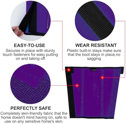 FOXLVDA Horse Fly Boots - Fly Boots for Horses Set of 4, Comfortable Breathable Mesh Equine Leg Leggings, Adjustable & UV Protective with Support Bars for Reduce Stomping & Leg Fatigue (Purple, Large)