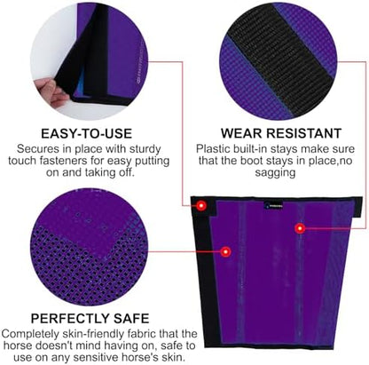 FOXLVDA Horse Fly Boots - Fly Boots for Horses Set of 4, Comfortable Breathable Mesh Equine Leg Leggings, Adjustable & UV Protective with Support Bars for Reduce Stomping & Leg Fatigue (Purple, Large)