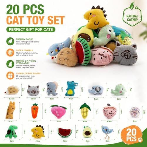 Cat Toys, Interactive Cat Toy for Indoor Cats, Soft and Durable Crinkle Sound Catnip Toys, Catnip Filled Mouse Cat Teething Chew Toy (Pack of 20)
