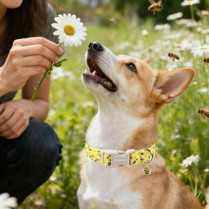 DOGWONG Cute Cotton Dog Collar for Small Medium Large Dogs Cute Yellow Bee Dog Collar for Boy Girl Dogs,L