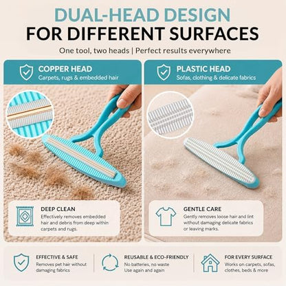 2 Pack Set Pet Hair Removal Tool – Dual-Head Copper & Plastic Scraper for Carpet, Furniture & Car, Reusable Lint Remover for Embedded Dog & Cat Hair