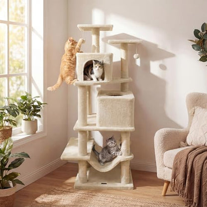 DORTALA 57" Tall Cat Tree, Multi-Level Cat Tower with 2 Large Condos, Sisal Scratching Posts, Top Perch, Hammock, Pet Play House Climbing Furniture for Indoor Adult Cats & Kittens (Beige)