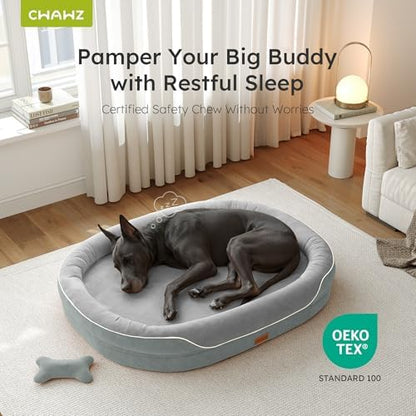 CWAWZ XXL Orthopedic Dog Bed, 53 in. Dog Bed for Large Sized Dogs with Full-Surround Bolsters, Dual-Sided Dog Cooling Beds with Memory Foam, Washable Pet Sofa Couch with Nonslip Bottom, Light Grey