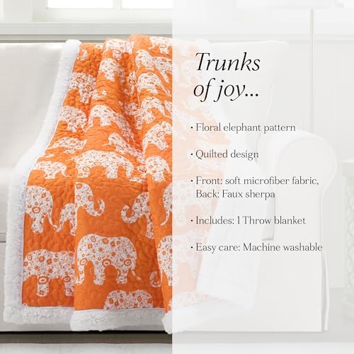 Lush Decor Elephant Parade Sherpa Throw Blanket 50" W x 60" L, Orange - Elephant Blanket for Kids - Plush Throw Blankets for Bed - Couch Blankets