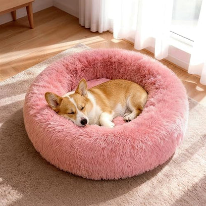 Donut Dog Bed Medium Size Dog, Round Cat Beds for Small Medium Dogs and Cats with Washable Fluffy Faux Fur, Cute Comfort Pet Bed with Anti-Slip Bottom, Pink, 30"