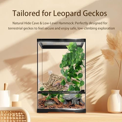 5-in-1 Leopard Gecko Tank Starter Kit, Hide Cave, Seagrass Hammock, Climbing Vine, Tweezers & Dish - 10-20 Gal | Fits Leopard/Crested Geckos, Harmit Crabs, Juvenile Tortoises (Tank Not Included)