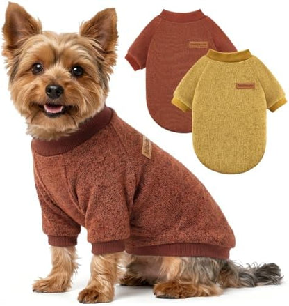 2 Pack Dog Sweaters for Small Dogs Girl Boy Winter Fleece Clothes Warm Soft Dog Sweatshirt Outfit for Dogs Cats Pet Apparel (Brown+Yellow, M (Back: 13.7",Chest: 17.7", 10-14Ibs))