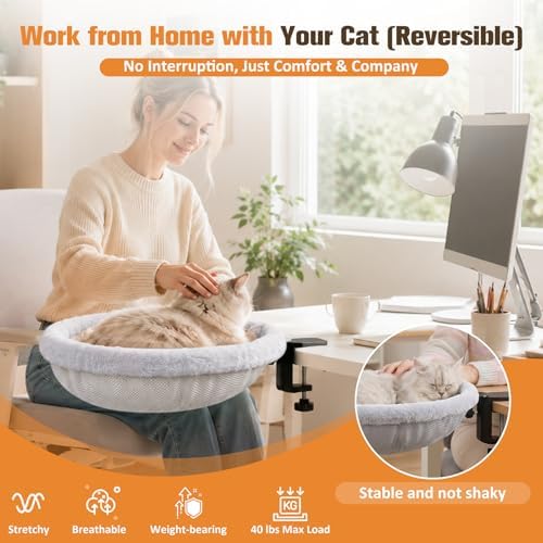 Cat Desk Bed Clamp On, 360 Swivel Faux Fur Perch, Gray