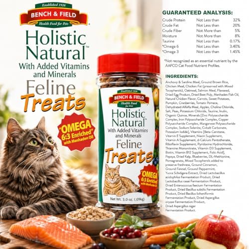 Bench & Field Holistic Natural Healthy Kitty Cat Treats | Crunchy Fish-Shaped Bites | Delicious Seafood Flavored Snack, 3-Ounce (Pack of 4 Bottles)