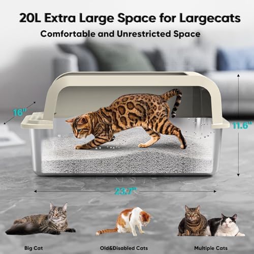 Furkid Stainless Steel Cat Litter Box with Lid, XL Large Litter Box for Big Cats, Enclosed Kitty Litter Pan with High Sides, Anti-Leakage&Non-Stick, Easy to Clean, Included Scoop, Aisle and Mat Beige