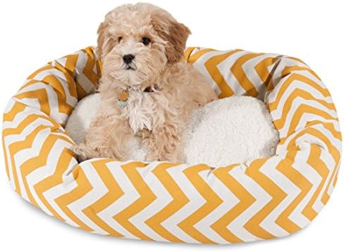 Majestic Pet 24 Inch Chevron Sherpa Calming Dog Bed Washable – Cozy Soft Round Pet Bed with Spine for Head Support - Fluffy Donut Bed 24x19x7 (inch) – Small - Yellow