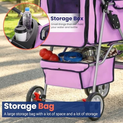 BestPet | 4-Wheel Foldable Pet Stroller | Pink | Lightweight & Portable