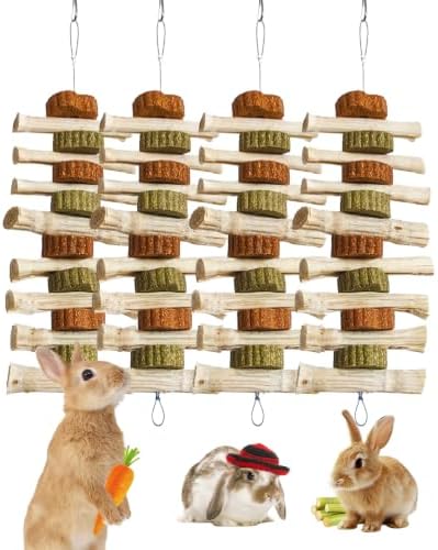 4 PCS Rabbit Chew Toys for Teeth Grinding, Delicious Bunny Cage Hanging Chew Toys, Natural Sweet Bamboo Chew Sticks and Timothy Grass Cake Hay Treats Maintaining Healthy Teeth for Rabbits